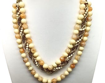 Vintage Multi-Strand Necklace with Cream & Beige Beads and Gold Tone Chain Detailing Elegant Triple Strand Statement Jewelry