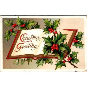 Vintage Weihnachtspostkarte mit Holly & Open Book-Design ""Christmas Greetings"" gedruckt."