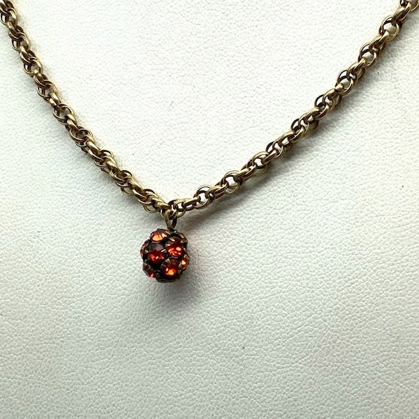 Vintage Prong Set Crystal Encrusted Sphere Pendant Necklace, Roundette Disco Ball with Orange Rhinestones on Gold Tone Chain
