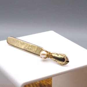 Vintage Repousse Bar Brooch, Gold Tone Butter Knife Lapel Pin with Faux Pearl, Restaurant Utensil Foodie Gift
