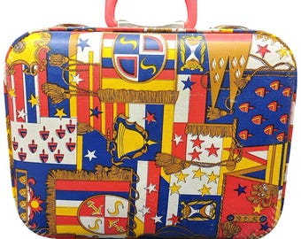 Vintage Nautical Flag Print Vinyl Suitcase Retro Red Handle Travel Decor Luggage