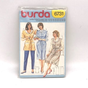 UNCUT Vintage Sewing PATTERN Burda 6731, Misses 1980s Dress Shirt Nurse Scrub Pockets, Size 14-46