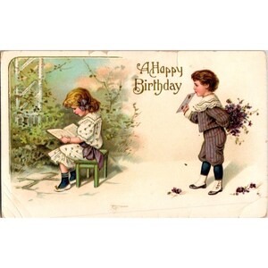 Antik 1915 Postkarte Happy Birthday J.B. & Co. Made In Germany Vintage Kunst Kinderszene