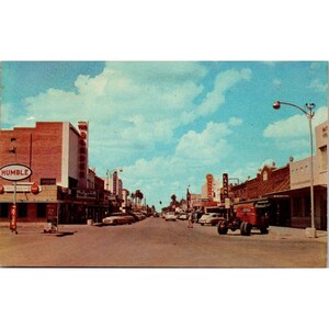 Carte postale vintage chromée Texas, Mission Main Street, maison du pamplemousse Humble Lacks Theatre Cafe, dos divisé Dextone sans encadrement