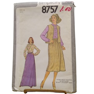 NIEPRZECIĘTY WZÓR DO SZYCIA Vintage Simplicity 8757, bluzka i spódnica Misses 1978 w dwóch długościach z kamizelką, rozmiar 14 dla tkaniny Skinner Ultrasuede