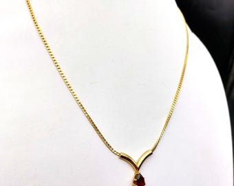 Vintage Avon Y-Shaped Gold-Tone Necklace With Burgundy Purple Teardrop Pendant 18&quot; Chain