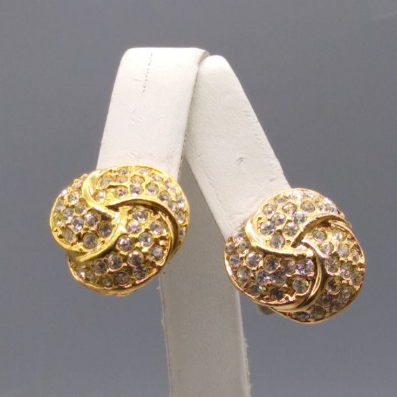 Vintage ROMAN Pave Crystal Knot Earrings, Gold Ton