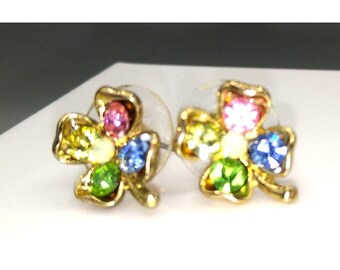 Summery Pastel Clover Stud Earrings, Spring Colored Crystals on Gold Tone Floral