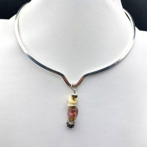 Vintage Silver Toned V Choker Necklace With Murano Glass Rose Bead & Pendant
