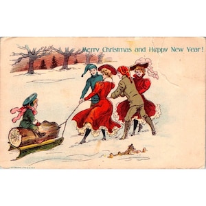 Postal de litografía de Ottmann antigua, Feliz Navidad Feliz Año Nuevo Trineo, Efímera victoriana de la Edad de Oro