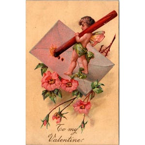 Cartolina di San Valentino in rilievo del 1909 con Cupido e fiori, timbro postale di Gretna, Nebraska