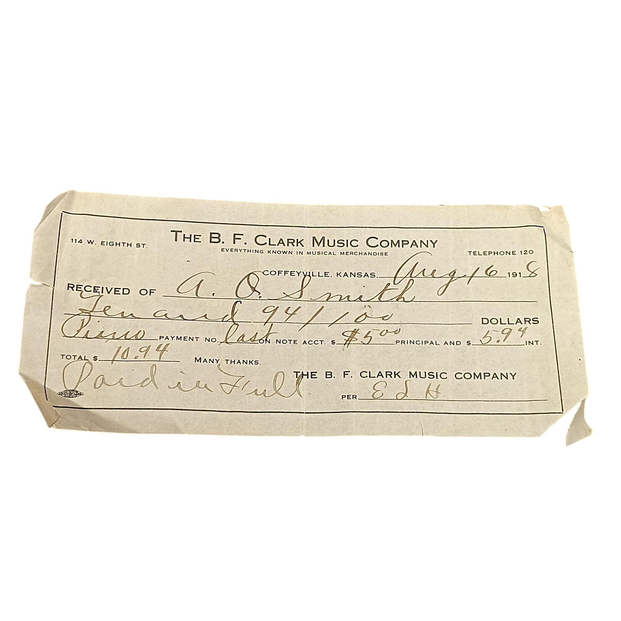 Antique music company receipt from 1915.