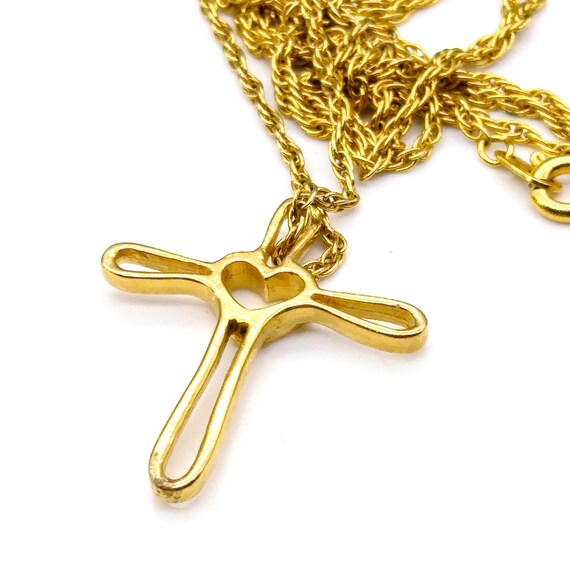 Vintage Open Heart Cross Pendant Necklace, Gold T… - image 4