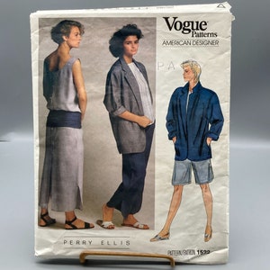 Vintage Sewing PATTERN Vogue 1522, Designer Perry Ellis 1985 Misses Petite Jacket Dress Top Pants and Shorts, Size 8