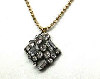 Vintage Geometric Bling Pendant on Gold Tone Bead Chain Necklace