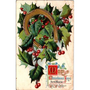 Antike geprägte Weihnachtspostkarte mit Hufeisen & Holly Design 1908