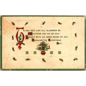 1912年製、ヒイラギと木がデザインされたヴィンテージのクリスマス詩のポストカード