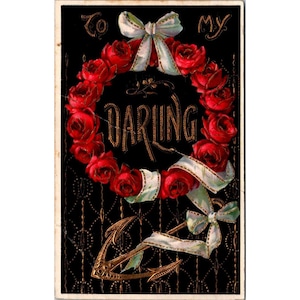 Vintage geprägte Postkarte mit roten Rosen & goldener Detaillierung ""To My Darling"" Ankermotiv."