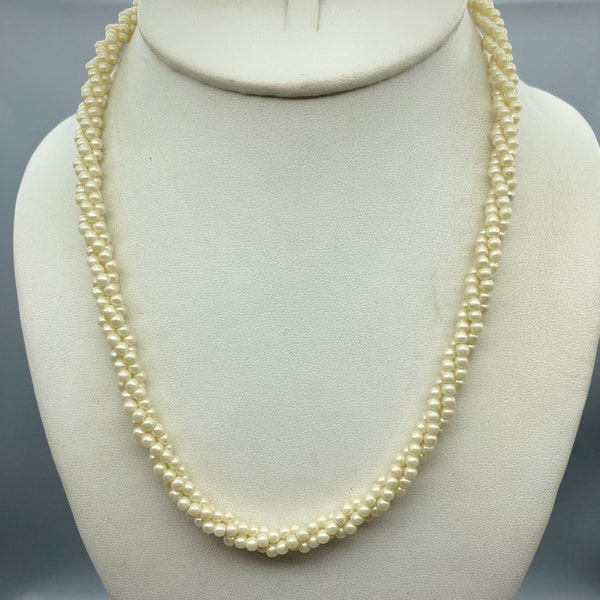 Vintage Faux Pearl Torsade Necklace, White Wedding Seed Beads, Multi Strand Classic