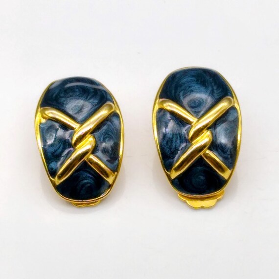 Vintage Midnight Blue Twist Earrings, Chic Enamel… - image 2