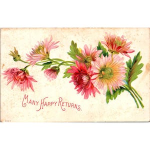 Carte postale vintage « De nombreux retours heureux » avec un motif floral et une note manuscrite