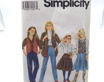 Vintage Sewing PATTERN Simplicity 8563, Girls 1993 Pants Skirt Shirt and Lined Vest, Child Size BB 12 14