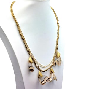 Anthropologie Serefina Dancing Feathers layered Gold-Tone Beaded Statement Necklace