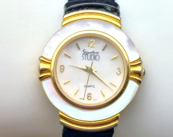 Vintage Signature Studio Quartz Watch Złoty i srebrny pasek ze skóry w kolorze czarnym Nowa bateria