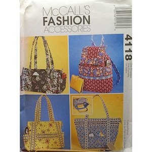 May include: A McCall's Fashion Accessories pattern featuring various bag designs. The image showcases a tote bag, backpack, and other styles, each with unique floral and patterned fabrics. The pattern number is 4118.
