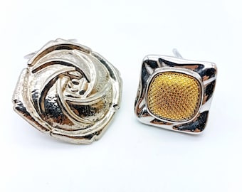 Vintage Scarf Clip Lot, Bundle of 2 Silver Tone Shawl Slides, Unmarked Rose Bloom and Lady Remington Square