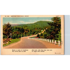 Carte postale vintage Salem Oregon n° 566, route panoramique et verset C.T. Couleur artistique des années 40