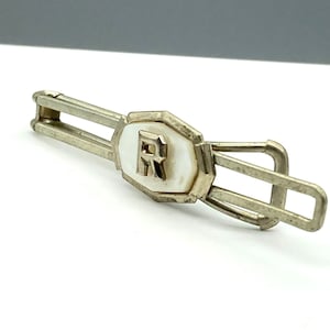 Vintage elegante letra R Tie Bar Slide, Art Deco dimensional clip inicial, tono plateado nácar monograma hombres ocasión accesorio
