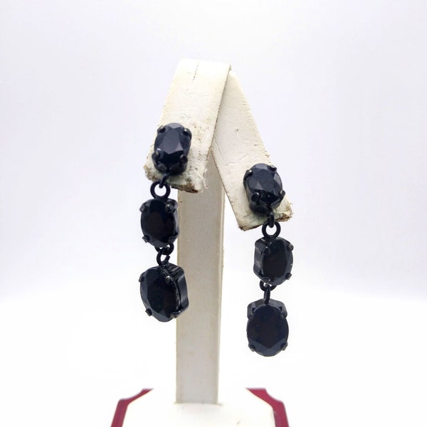 Basic Black Triple Drop Earrings, French Jet Vintage Dangles