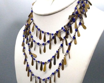 Super Long Antique Chain Art Deco Necklace with Bright Blue Czech Glass Beads and Brass Dangles, Vintage Flapper Roaring 20s