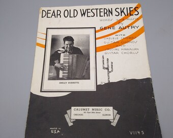 Vintage Sheet Music, Dear Old Western Skies by Gene Autry, Calumet 1934 with Guitar or Ukelele Chords, Ephemera Collectible