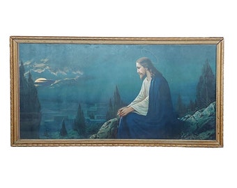 Christ On The Mount of Olives Josef August Untersberger aka Giovanni Wooden Framed Lithograph Print 29"x15" Vintage Religious Art
