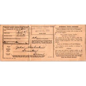 Carte de timbres Seconde Guerre mondiale, dossier d'identification de ration kilométrique américain vintage des années 40
