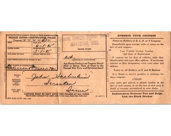 Vintage 1940s U.S. Mileage Ration Identification Folder World War II Stamps Card