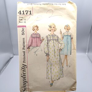 May include: Vintage Simplicity sewing pattern number 4171 for a miss's nightgown. The pattern is for size 12 with a bust measurement of 32 inches. The pattern includes three different styles of nightgowns, one with a pink top, one with a floral print, and one with a blue top.