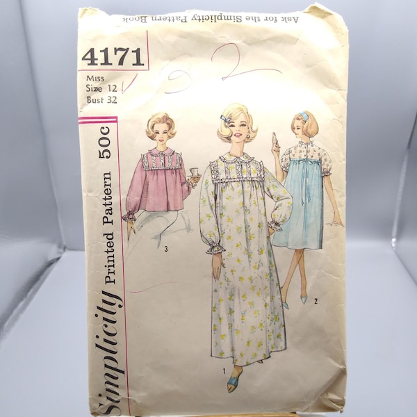 Vintage Sewing PATTERN Simplicity 4171, Misses 1961 Nightgown in Two Lengths and Bedjacket, Size 12