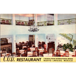 Vintage C.O.D. Restaurant Postkarte Nuevo Laredo Mexiko Essszene 2 Blocks von der internationalen Brücke