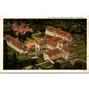 Postal antigua del Hotel Del Monte, California, 1937, con mensaje escrito a mano y matasellos