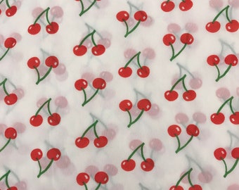 Vintage Sheer Cherries Nylon Fabric, White with Fun Fruit Motif, Stretchy