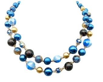 Vintage Blue and Gold Beaded Double Strand Necklace with Sugar Beads