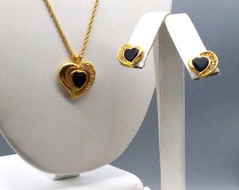 Vintage Avon Parure, Onyx and Crystal Heart Pendant Necklace and Matching Stud Earrings, Gold Tone Jewelry Set