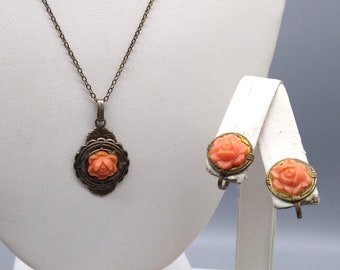 Vintage Celluloid Coral Carved Parure on Sterling Silver with Gold Wash Vermeil, Matching Pastel Earrings and Pendant Necklace, Coquette