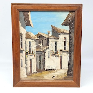 Original Oil Painting of a Mediterranean Village On Canvas In Wood Frame