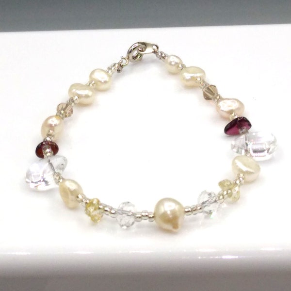 Genuine Pearl and Rock Crystal Bracelet with Amethyst Chips and Sterling Silver Clasp, Elegant Bridal Gift for Her