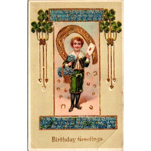 Cartão postal vintage de aniversário de 1912 com desenho de criança e ferradura