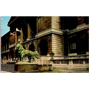 Vintage carte postale chromée de l'Illinois, Lion Front Steps de l'Art Institute de Chicago